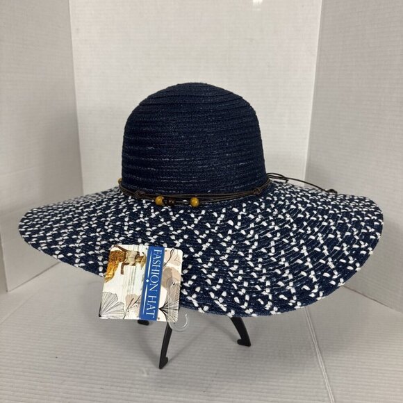 Fashion Hat Wide Brim Woven Sun Hat Beaded String Band Blue NWT 9039 - Picture 13 of 16